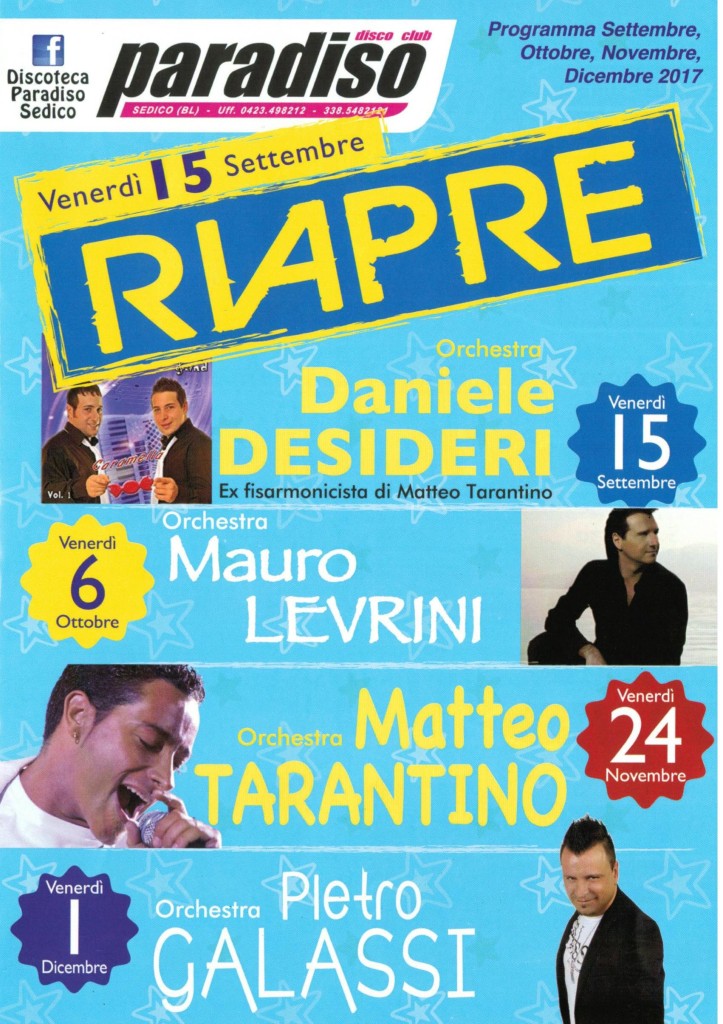 Paradiso eventi settembre -dicembre 2017